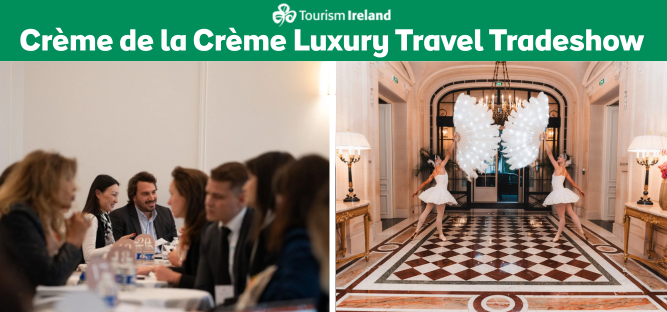 2 images of business meetings taking place alongside elegant dancers greeting guests to the event