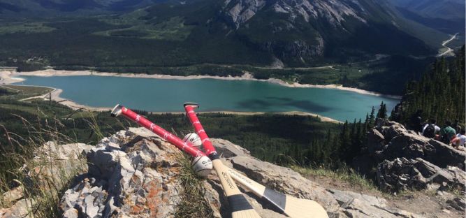 Close up of hurling sticks and ball