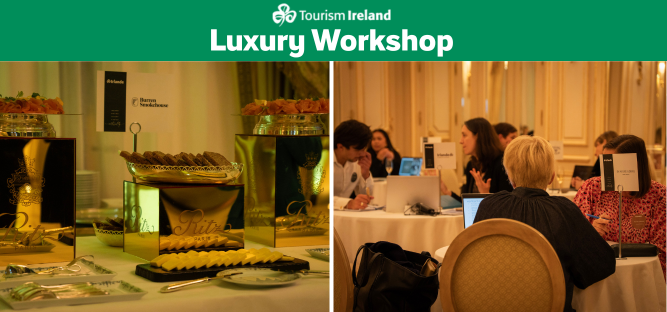 Images of meetings taking place and smoked salmon with soda bread at the Luxury Workshop 2025