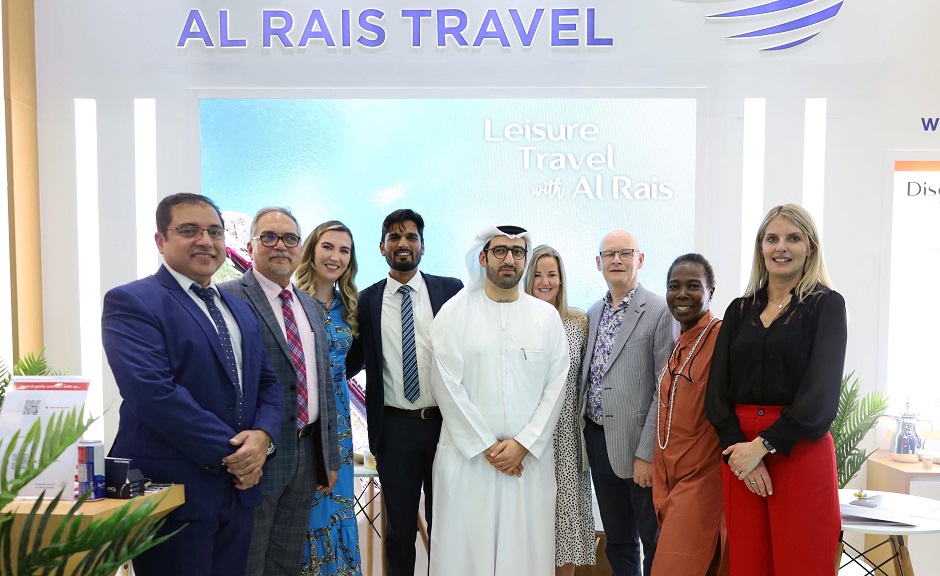 Mathew Zachariah and Prem Sagar, both Al Rais Travel; Niamh O'Neill, O'Donoghue Ring Collection; Chandan Pratihast, China Southern Airlines; Mohamed Al Rais, Al Rais Travel; Judith Abraham, Visit Belfast; Albert Dawson, Luxurious Ireland; Marie-Charles Houston, Hillsborough Castle and Gardens; and Aisling McDermott, Tourism Ireland, at Arabian Travel Market in Dubai.