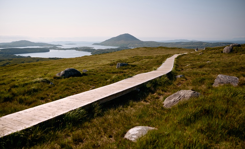 Cycling trail in the middle of scenic landscape with mountain and lake in the background.