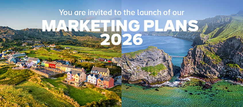 Colourful houses on a mountain in County Cork and a rope bridge over the sea in County Antrim.