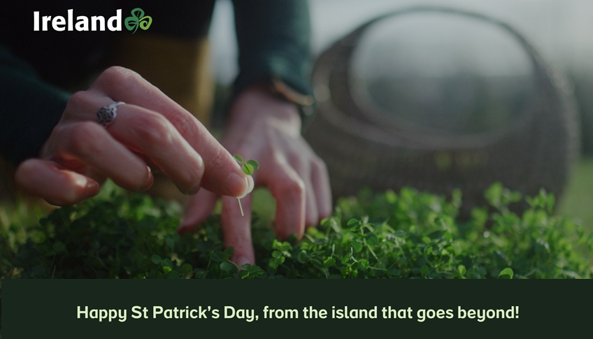 Hand planting shamrocks with text saying 'Happy St Patrick's Day from the island that goes beyond'