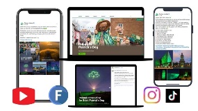 Images of phones and computers with Tourism Ireland's social media promotion of St. Patrick's Day.