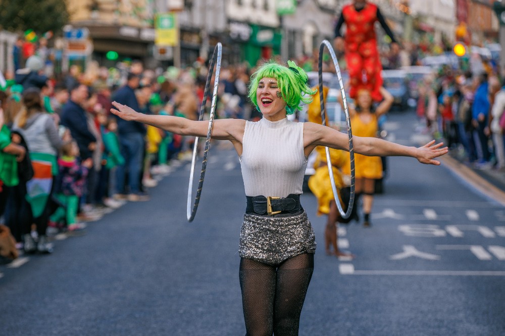 A girl performing at a Saint Patrick's Day parade
