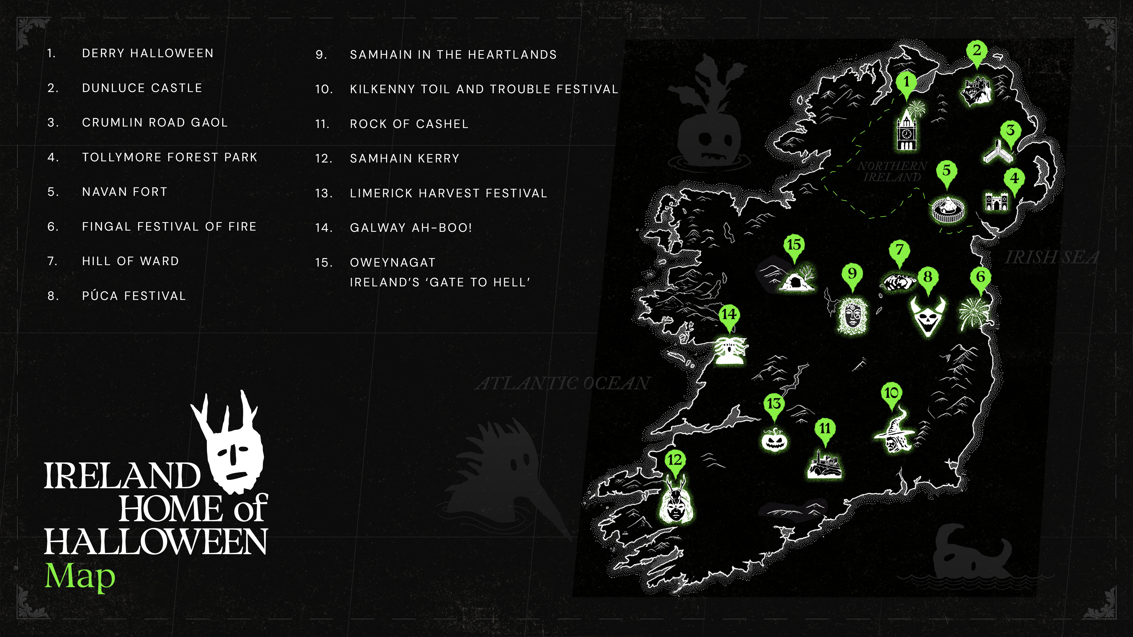 Irlandkarte mit markierten Halloween-Festivals