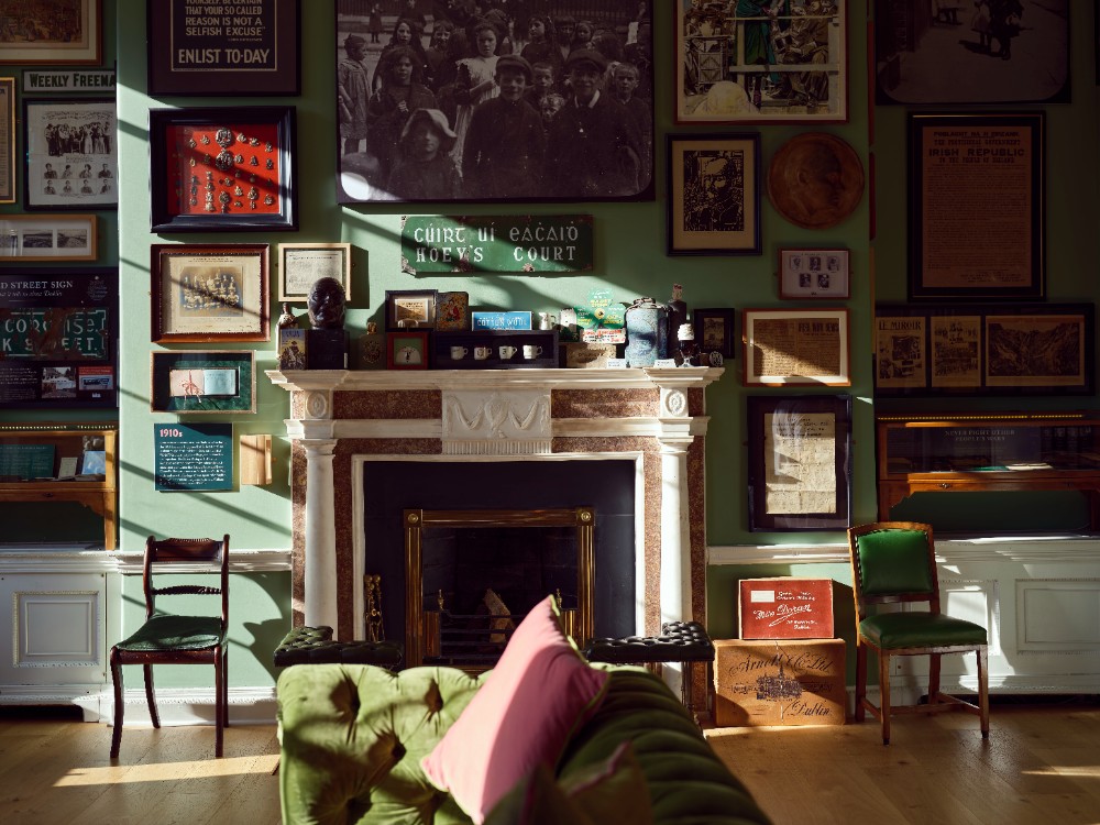 Little Museum Fireplace with Irish signs in the Little Museum of Dublin
