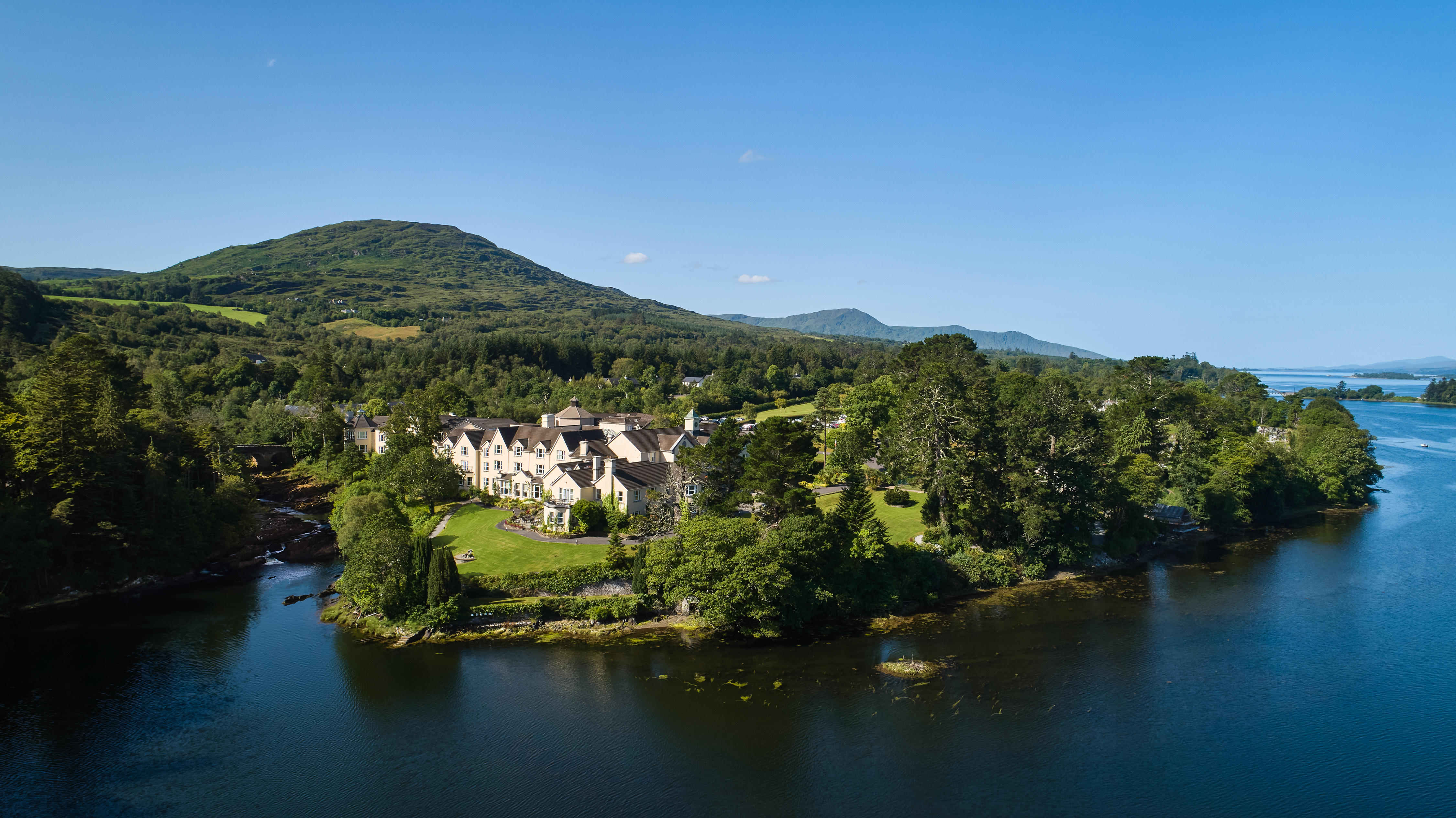 A birds eye view image of the Sheen Falls Lodge Summer Exterior