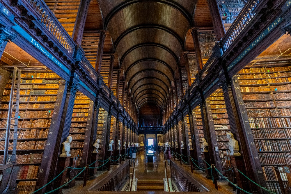 A large library with a domed wooden ceiling