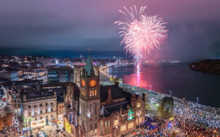 Aerial view of Derry Halloween festival with fireworks