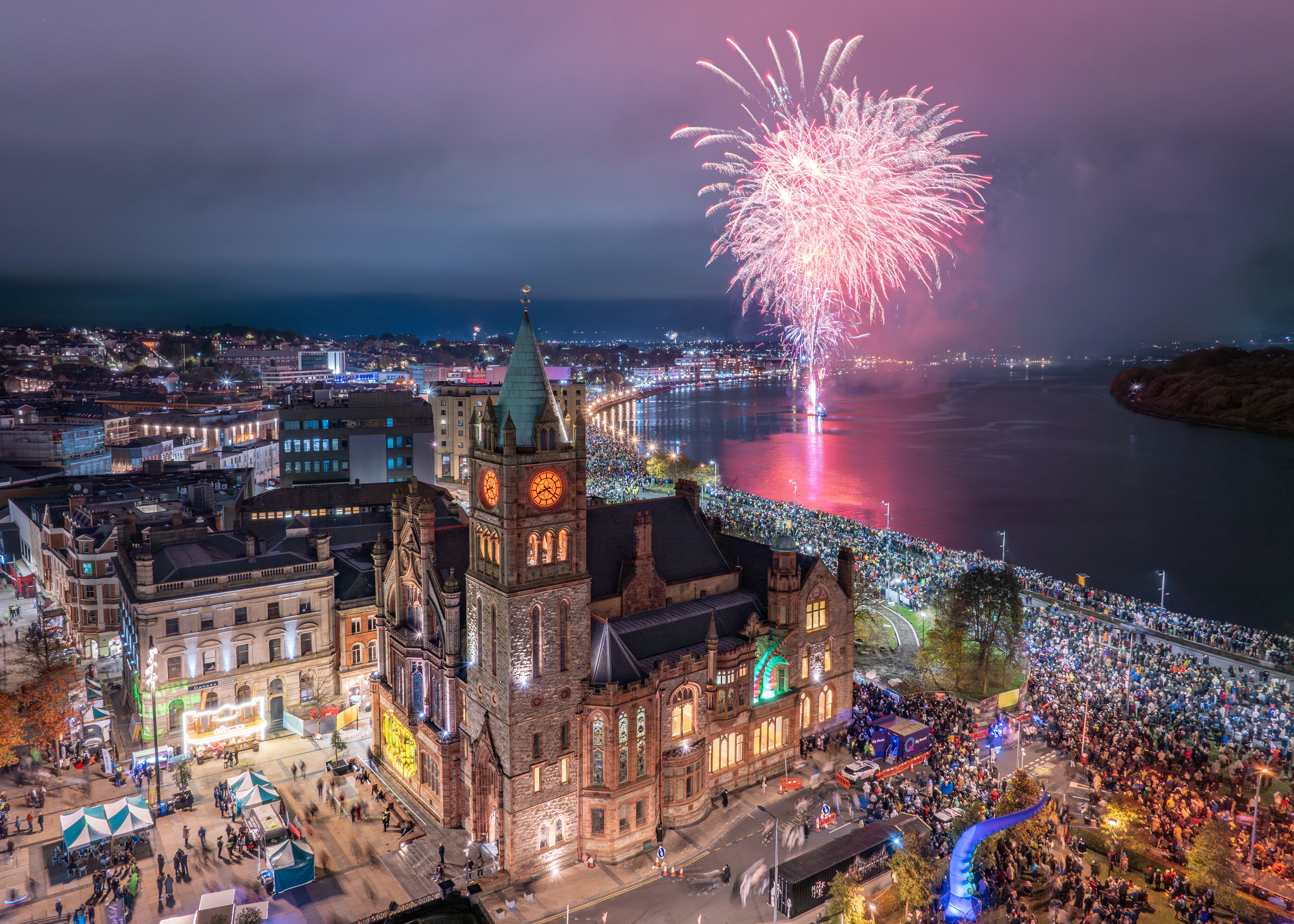 Aerial shot of Derry halloween festival with fireworks